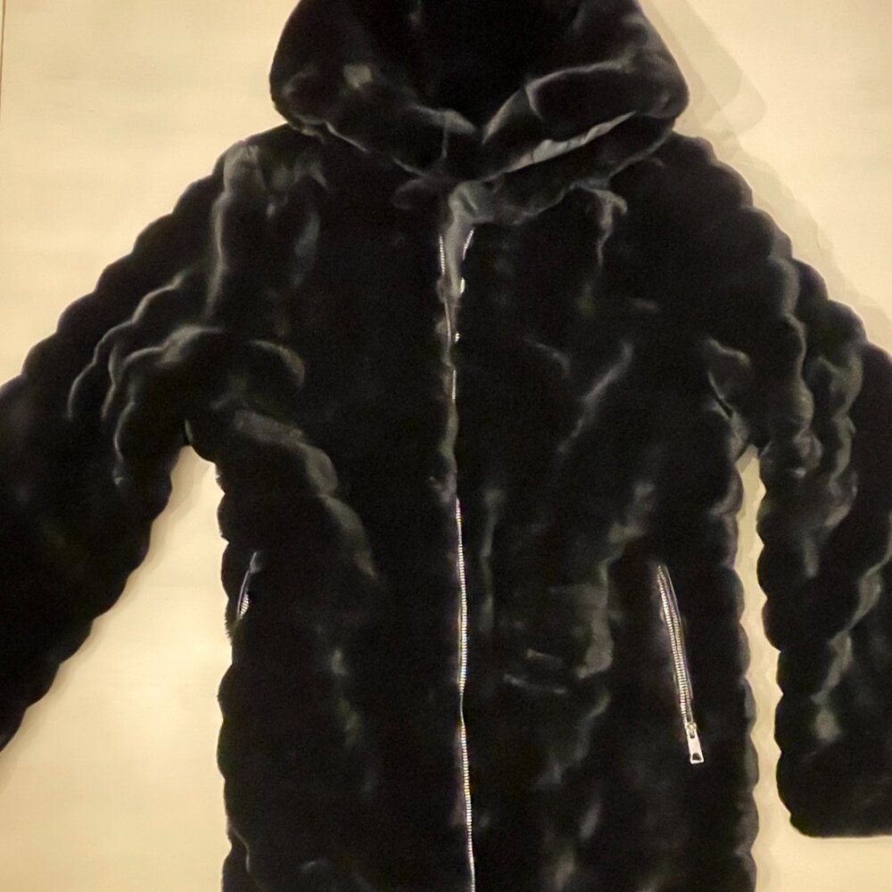 Black Faux Fur Coat with Hood Size L - Picture 2 of 3